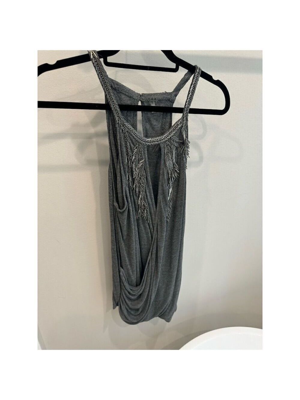 Halston Heritage Women's Gray Draped Beaded Top Size L V-Neck Criss-Cross Back